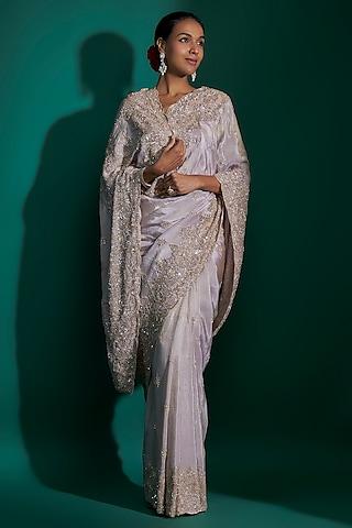 mauve tissue sequins hand embroidered saree set