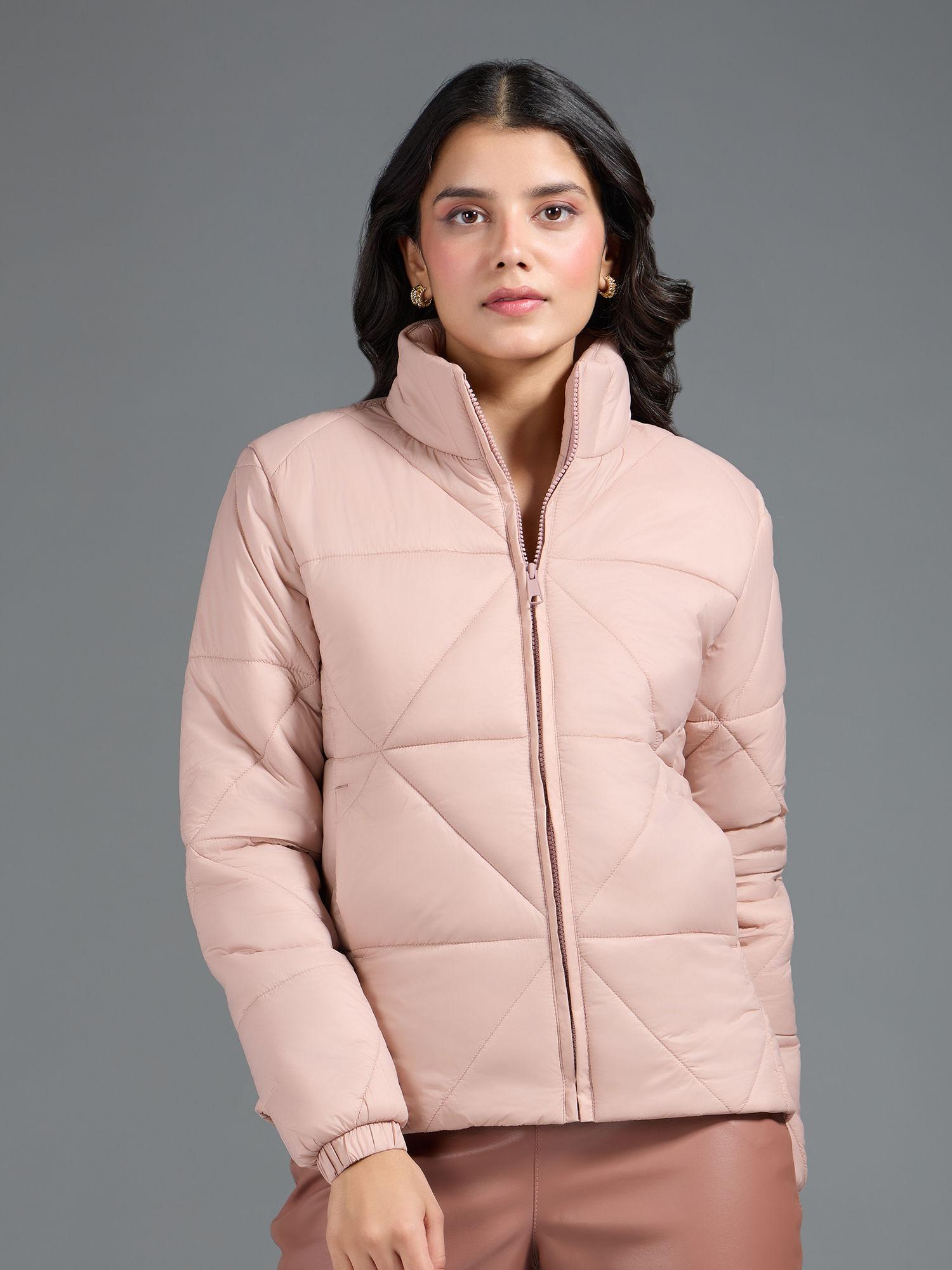 mauve triangular quilted high neck puffer jacket