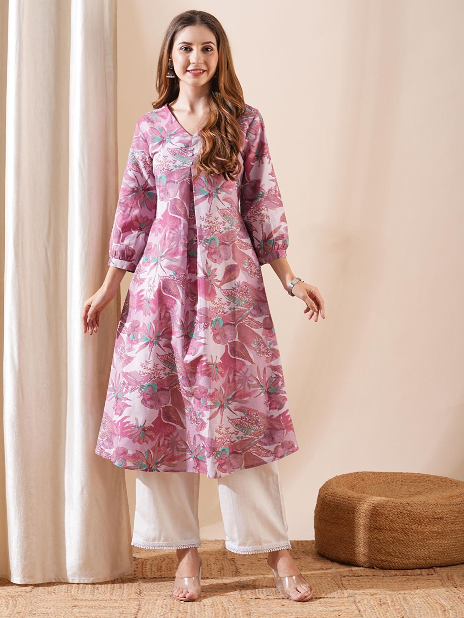 mauve tropical floral printed flared kurta