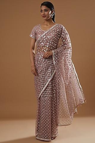 mauve tulle sequins & mirror embroidered pre-pleated saree set