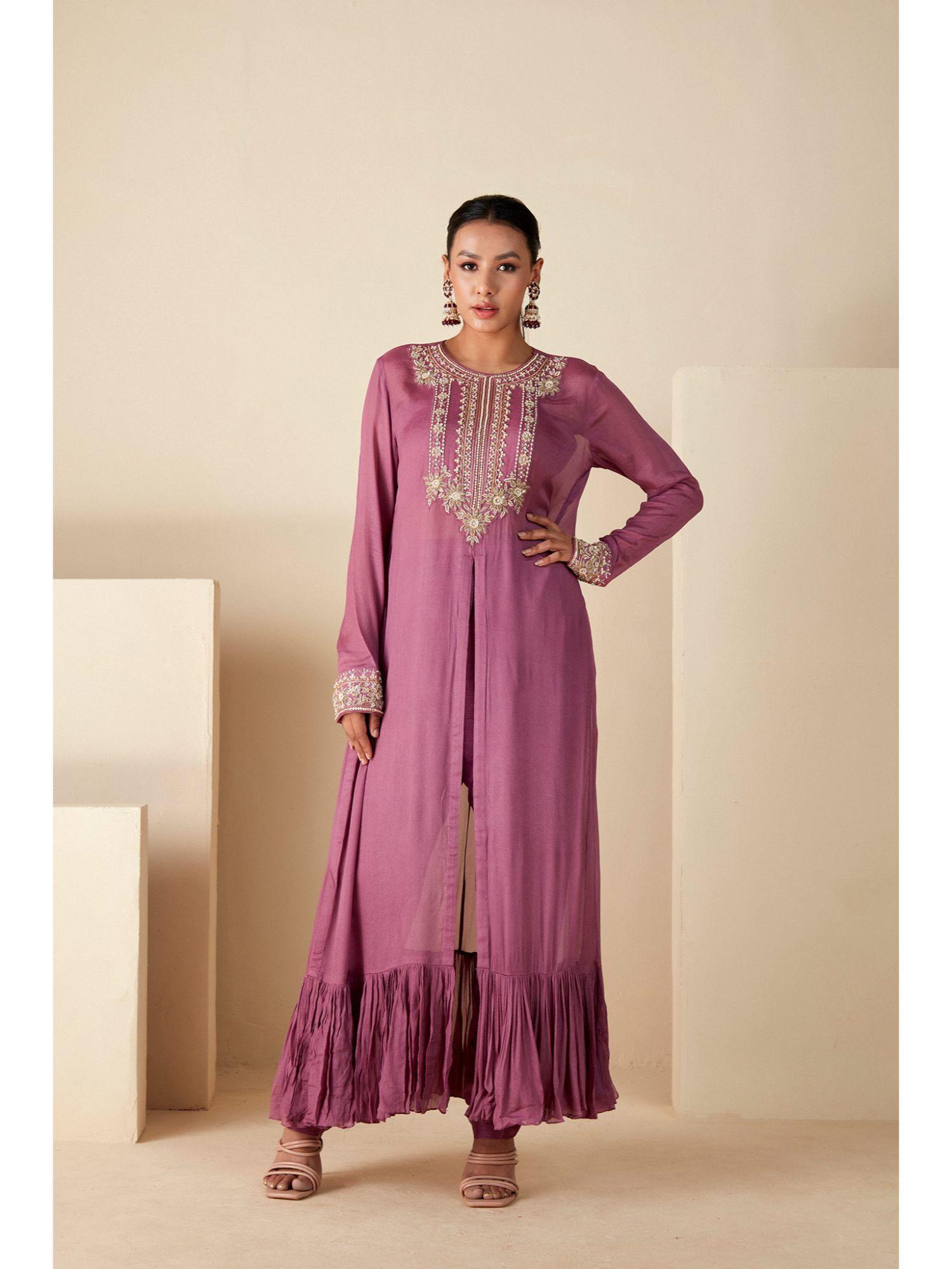 mauve womens embellished kurta with pant and bustier (set of 3)