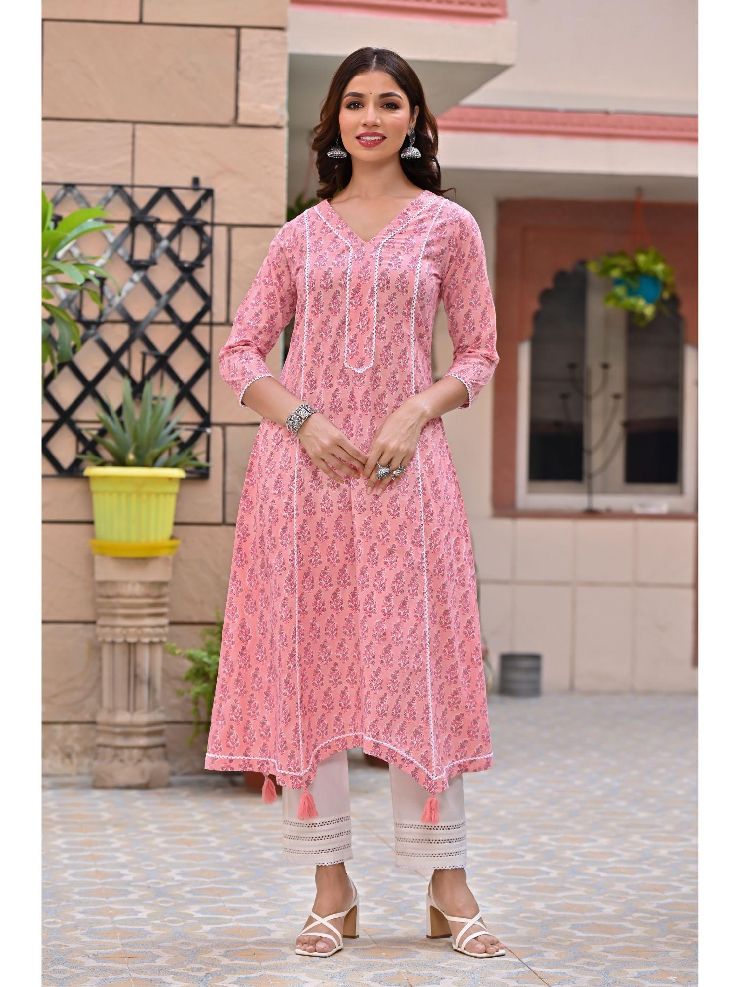 mauvelous pink hand block kurta palazzo (set of 2)