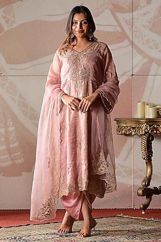 mauvish pink handloom chanderi tissue hand embroidered kurta set