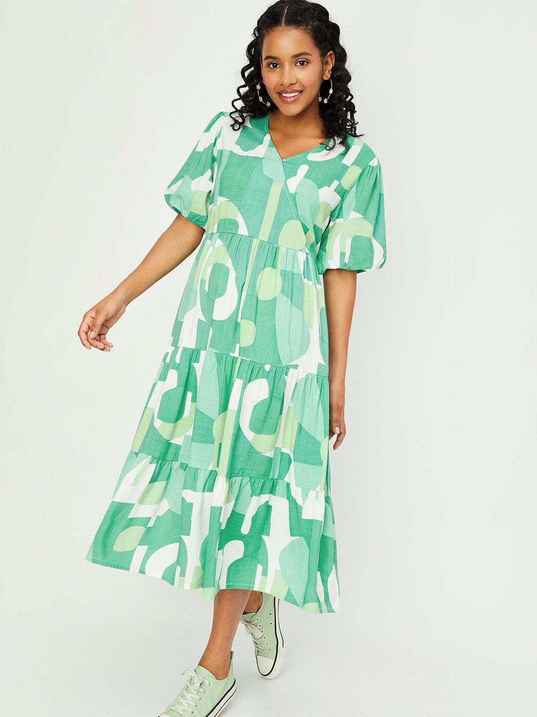 max abstract printed puff sleeves a-line midi dress