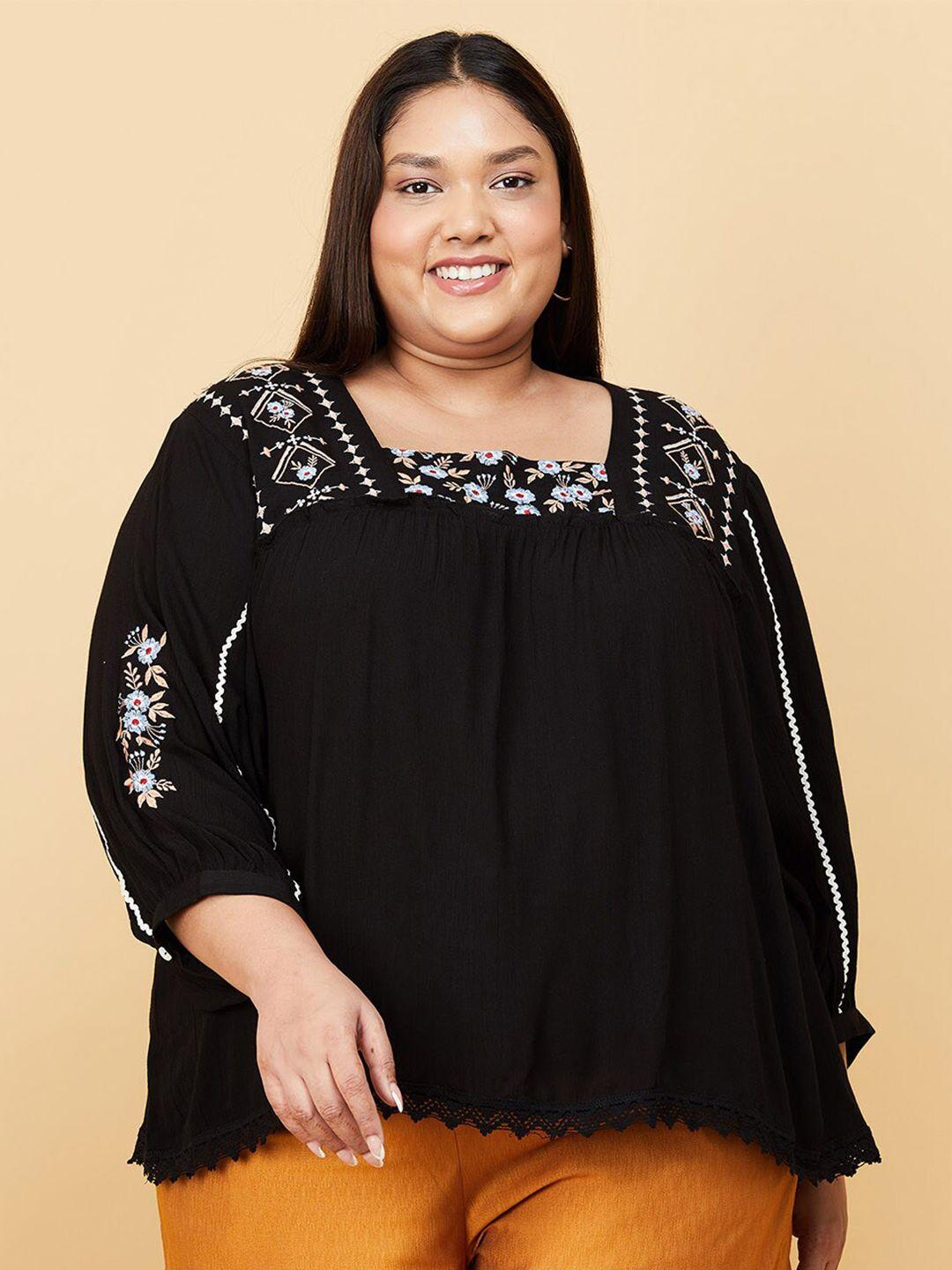 max black floral embroidered plus size top