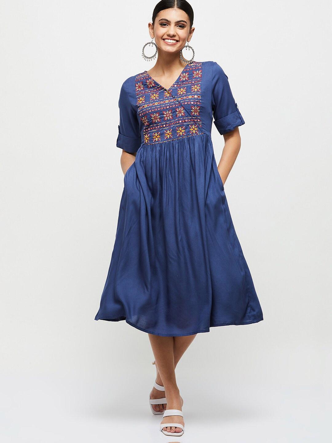 max blue ethnic motifs embroidered midi dress