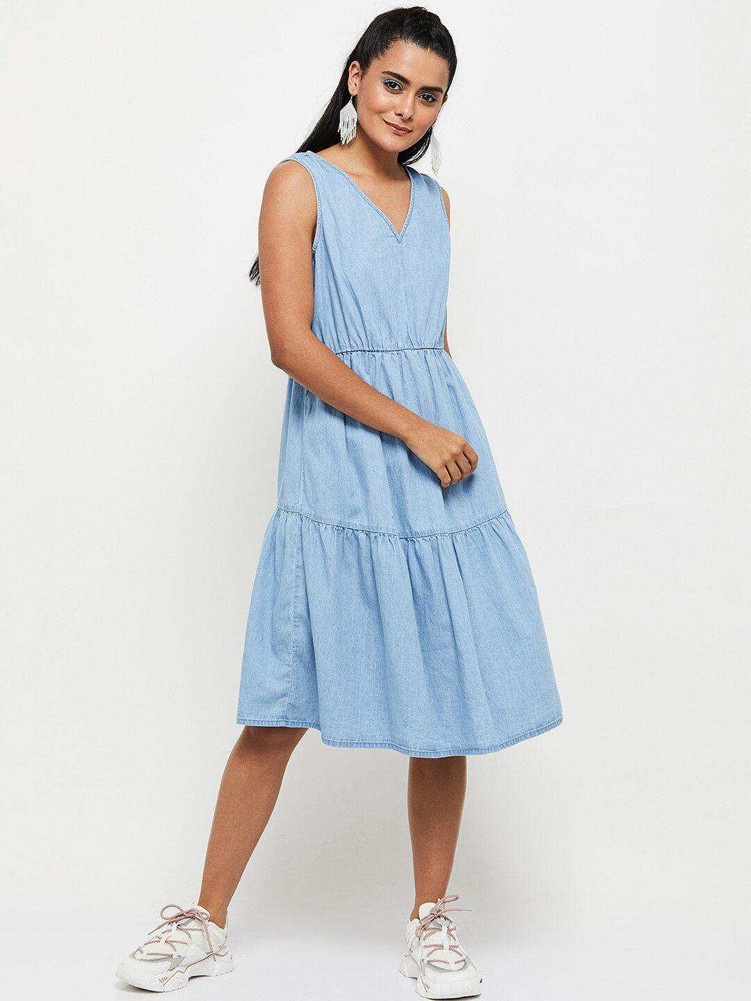 max-blue-solid-cotton-a-line-dress