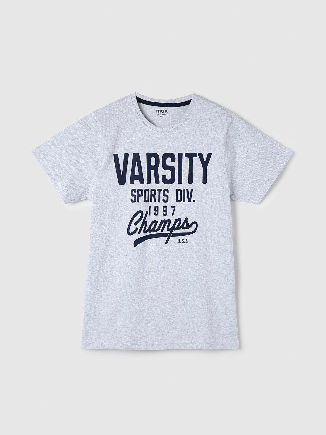 max boys grey & navy blue typography printed cotton t-shirt