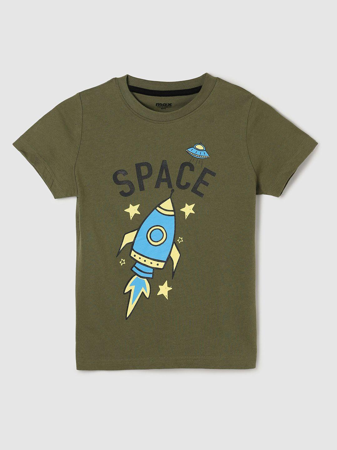 max boys olive green printed pure cotton t-shirt