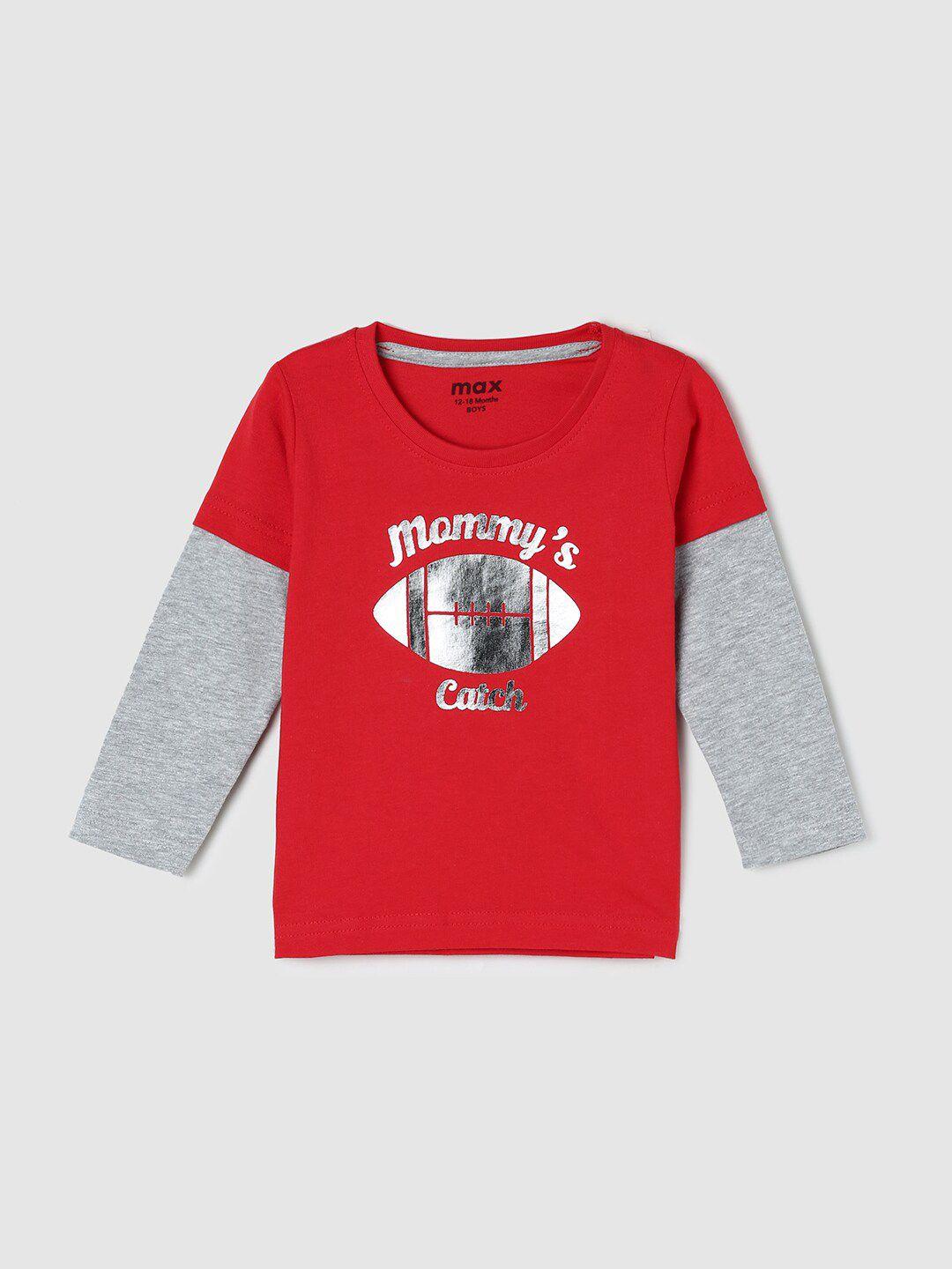 max boys red & grey typography printed cotton t-shirt