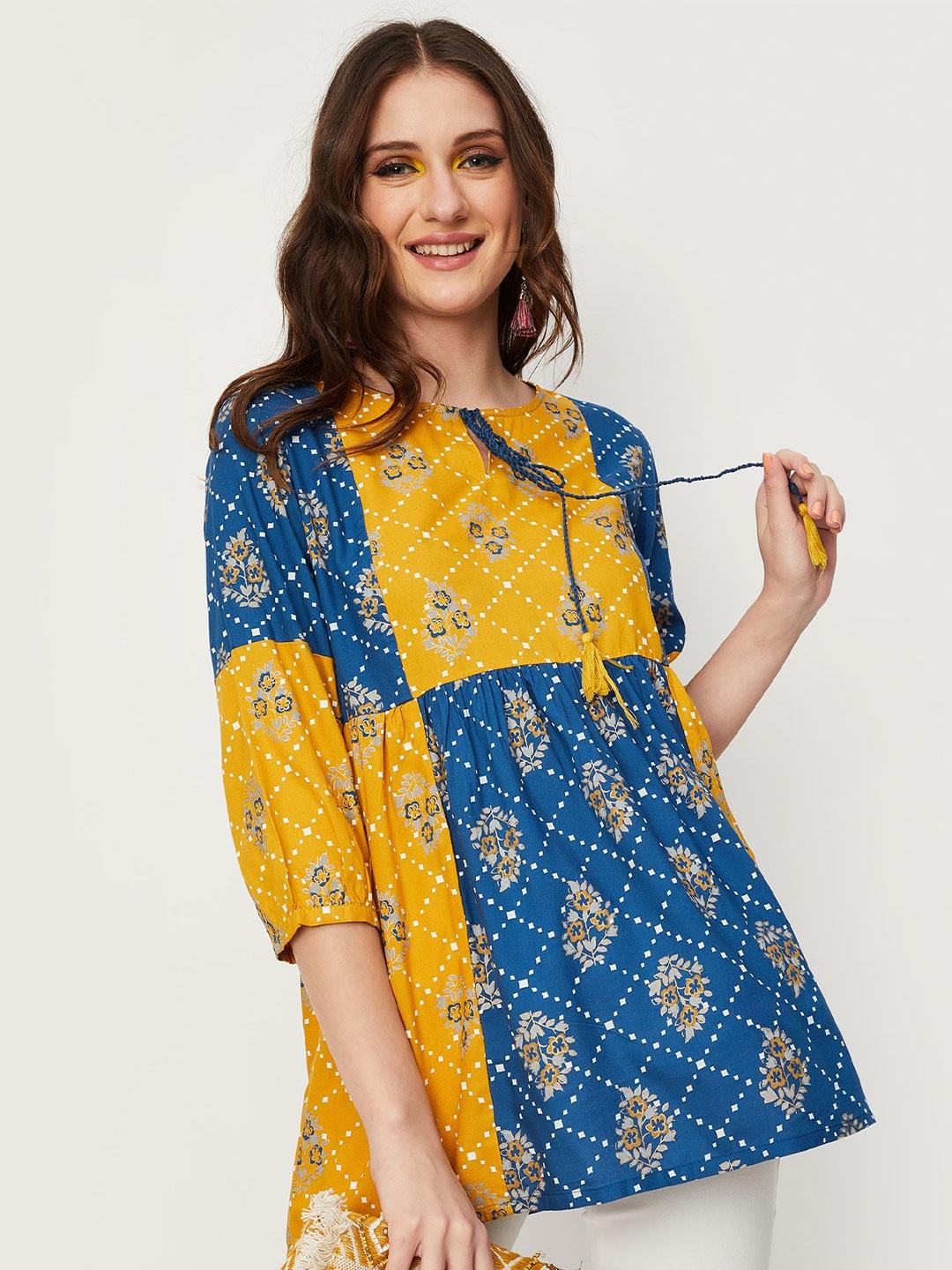 max ethnic motif printed tie-up neck a-line tunic