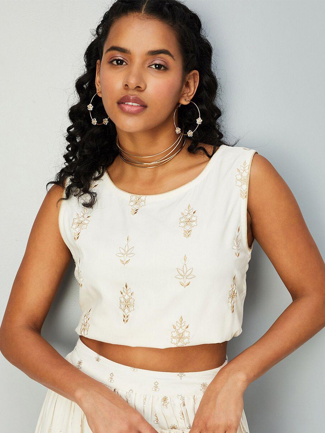 max floral embroidered round neck sleeveless crop top