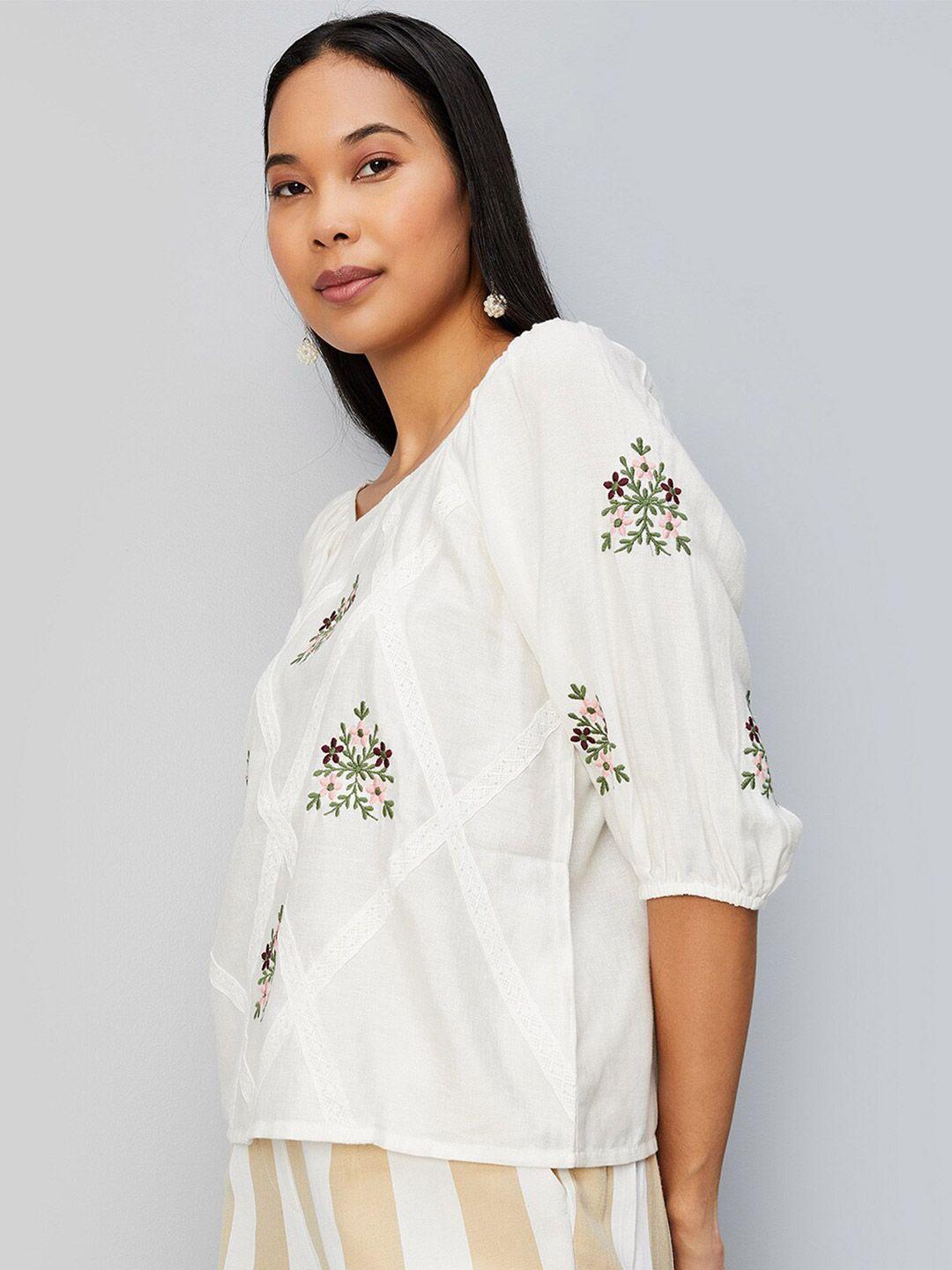 max floral embroidered square neck puffed sleeves top