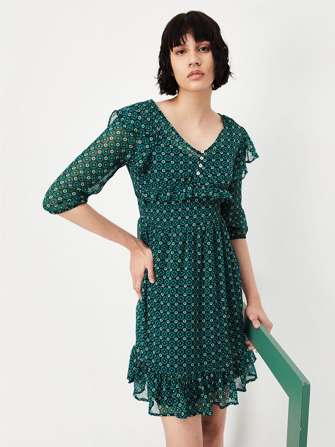 max floral printed cuffed sleeve ruffled smocked fit & flare dress