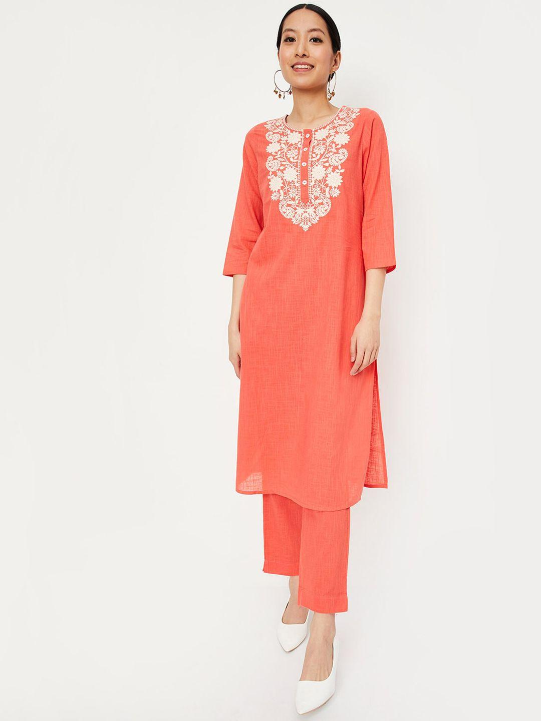 max floral yoke design straight kurta with trousers