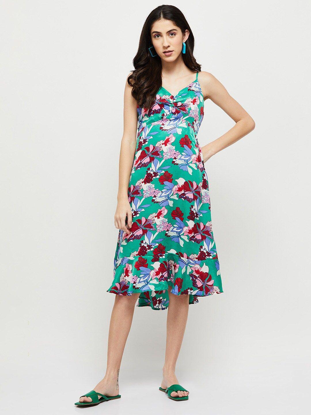 max green & red floral a-line shoulder strap dress