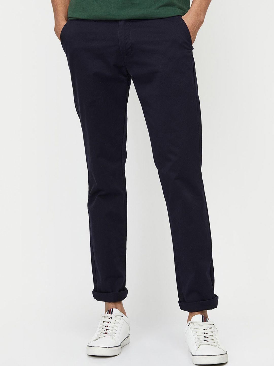 max men navy blue regular fit solid chinos trousers