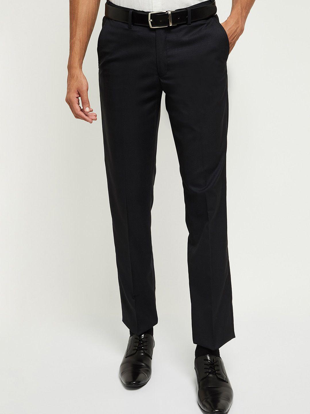 max men navy blue regular fit textured formal trousers