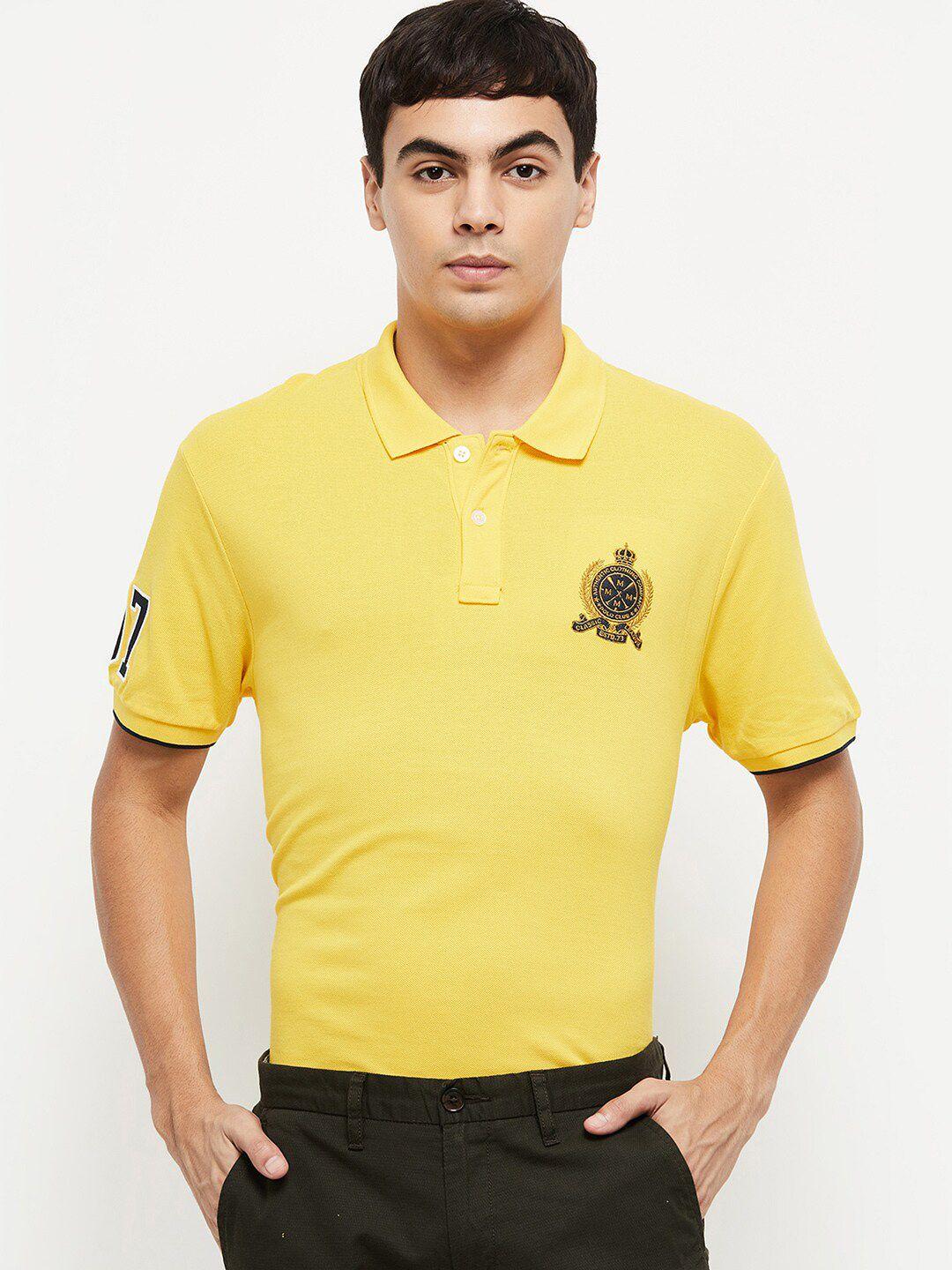 max-men-yellow-polo-collar-applique-slim-fit-t-shirt