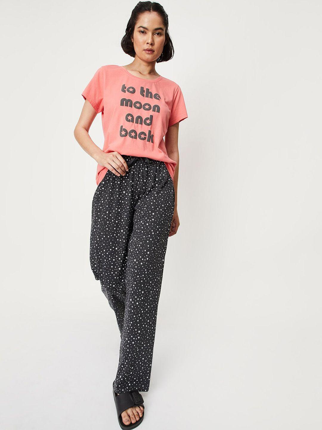 max pink & black typography printed pure cotton night suit
