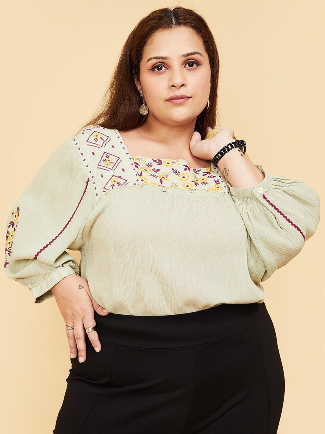 max plus size floral embroidered puff sleeves top