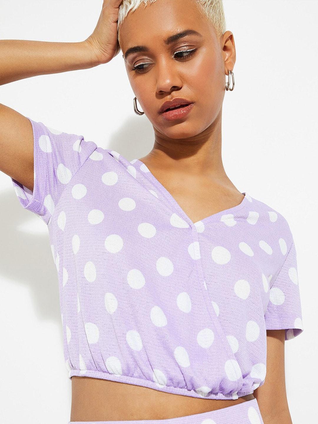 max polka dot printed v-neck short sleeves wrap crop top