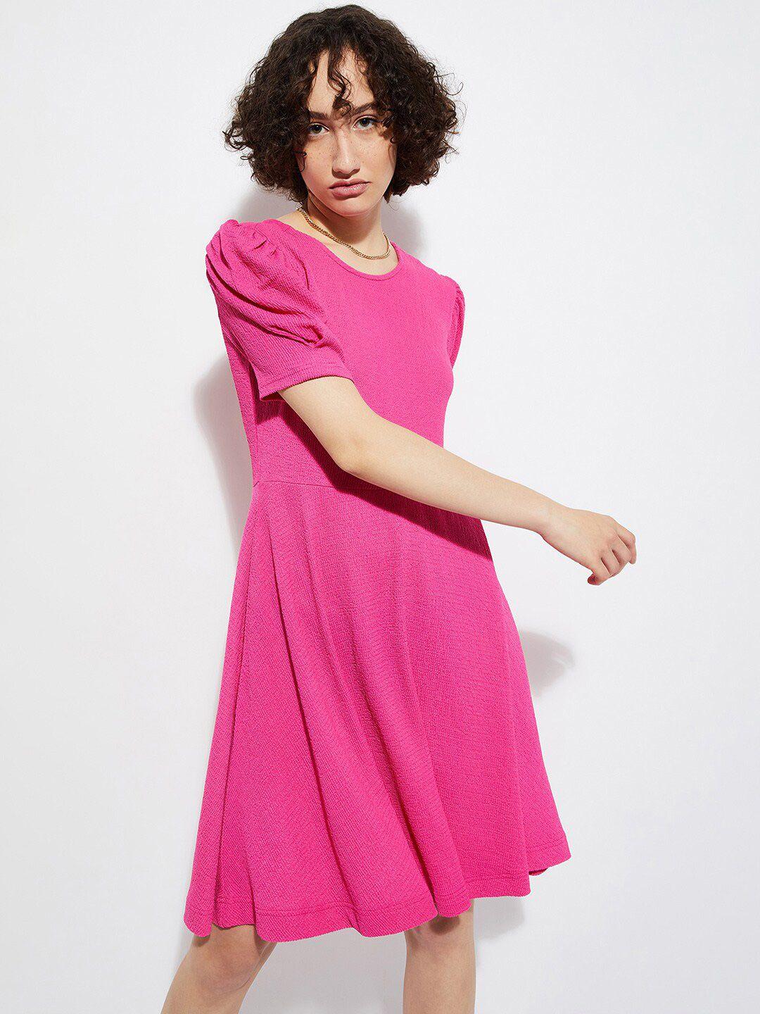 max textured puff sleeve fit & flare dress