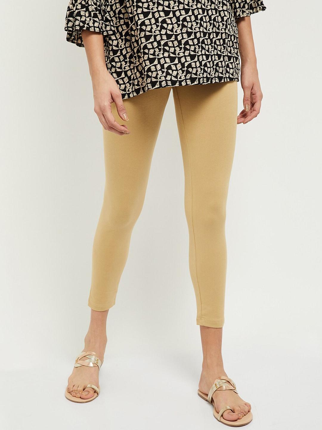 max women beige solid three-fourth length leggings