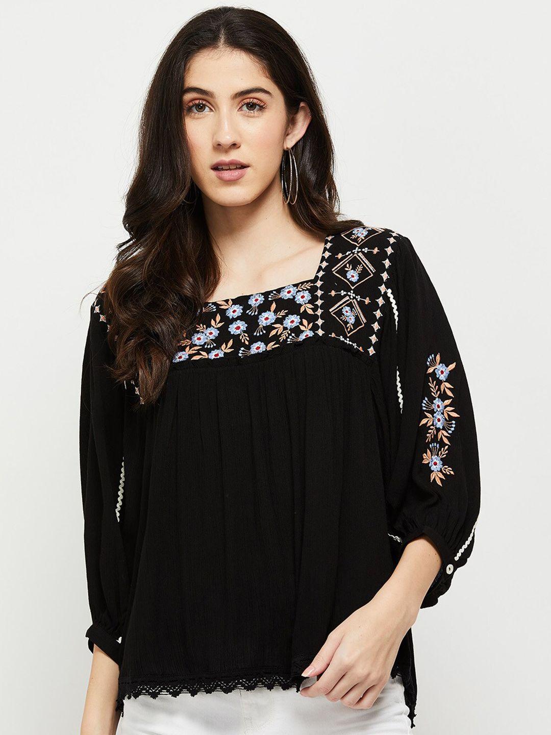 max women black floral embroidered top