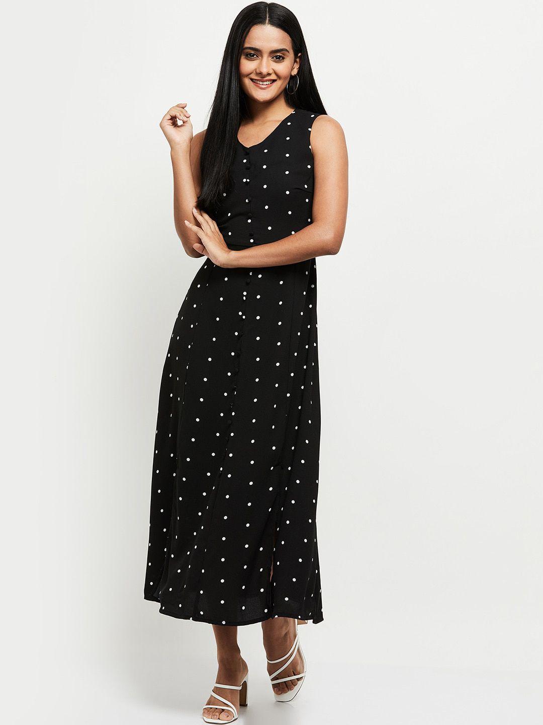 max women black polka dot printed fit & flare dress