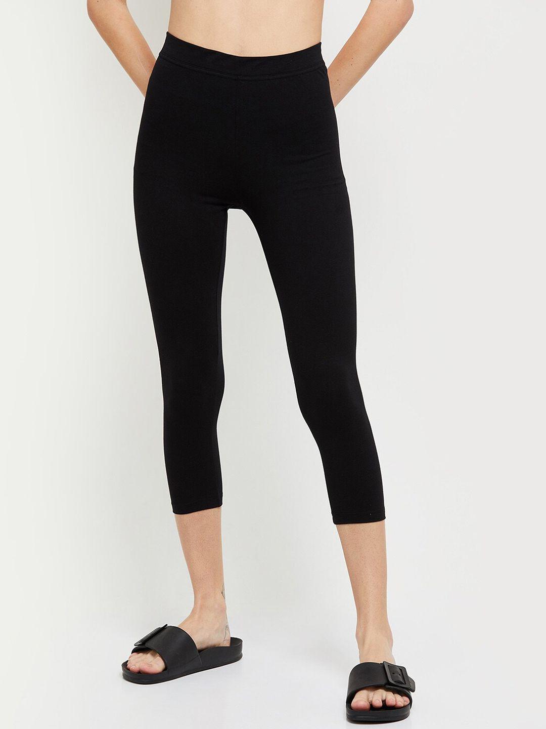 max women black solid three-fourth length leggings