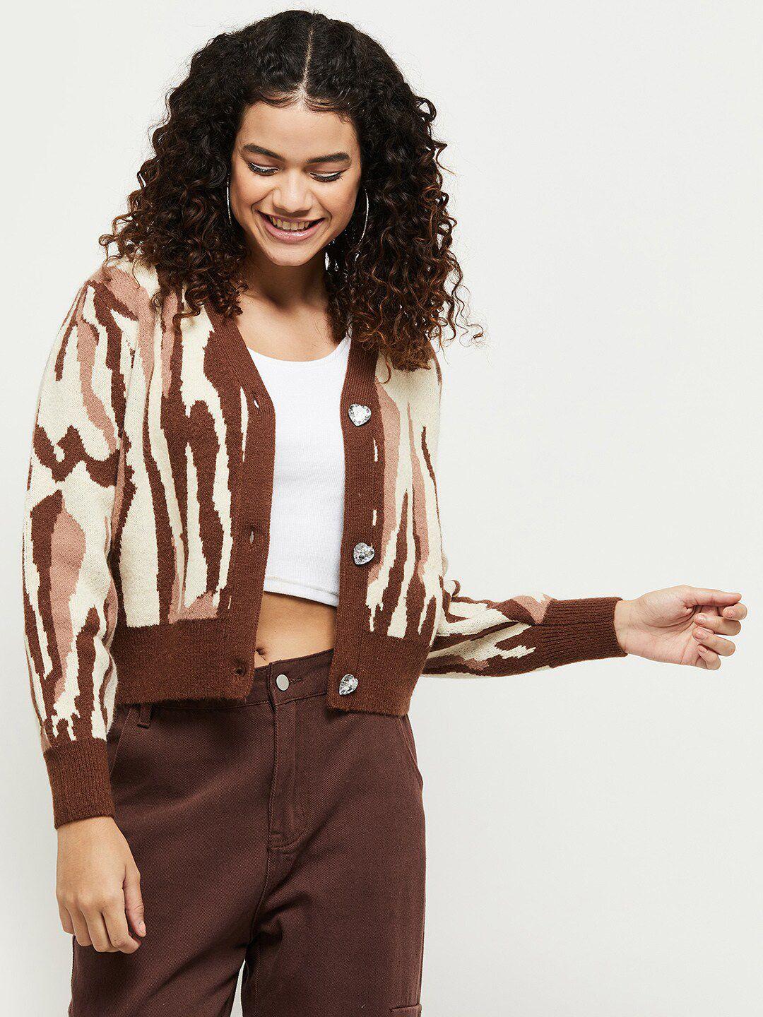 max women brown & cream-coloured printed crop cardigan