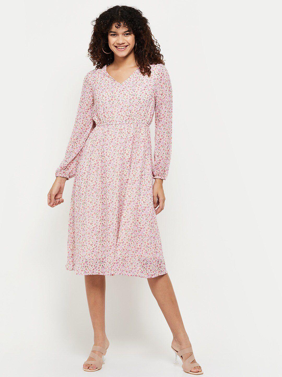 max women floral printed long puff sleeves fit and flare dress