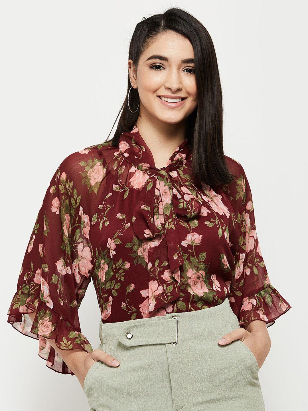 max women floral printed tie-up neck top