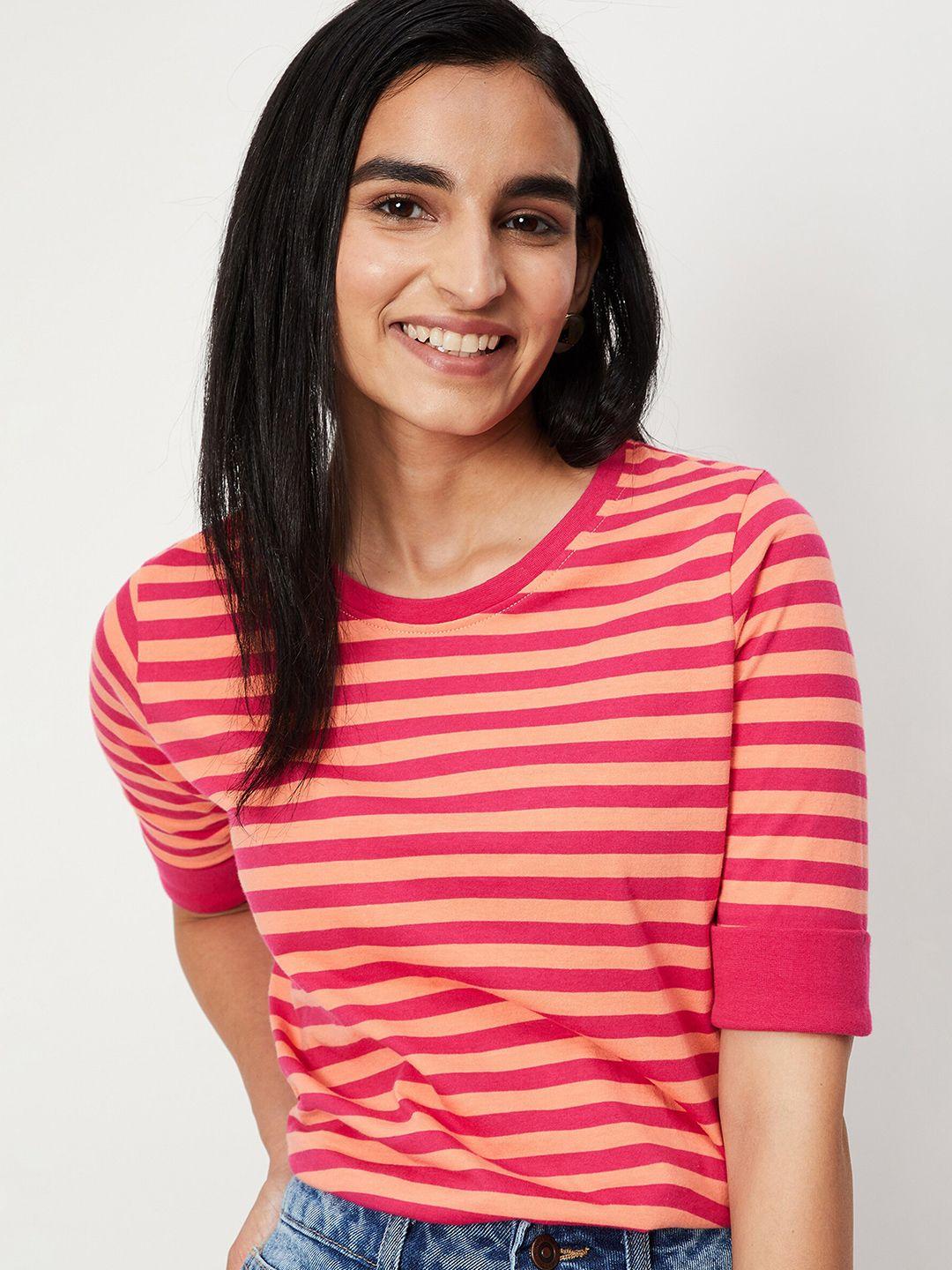 max women fuchsia & orange striped round neck cotton t-shirt