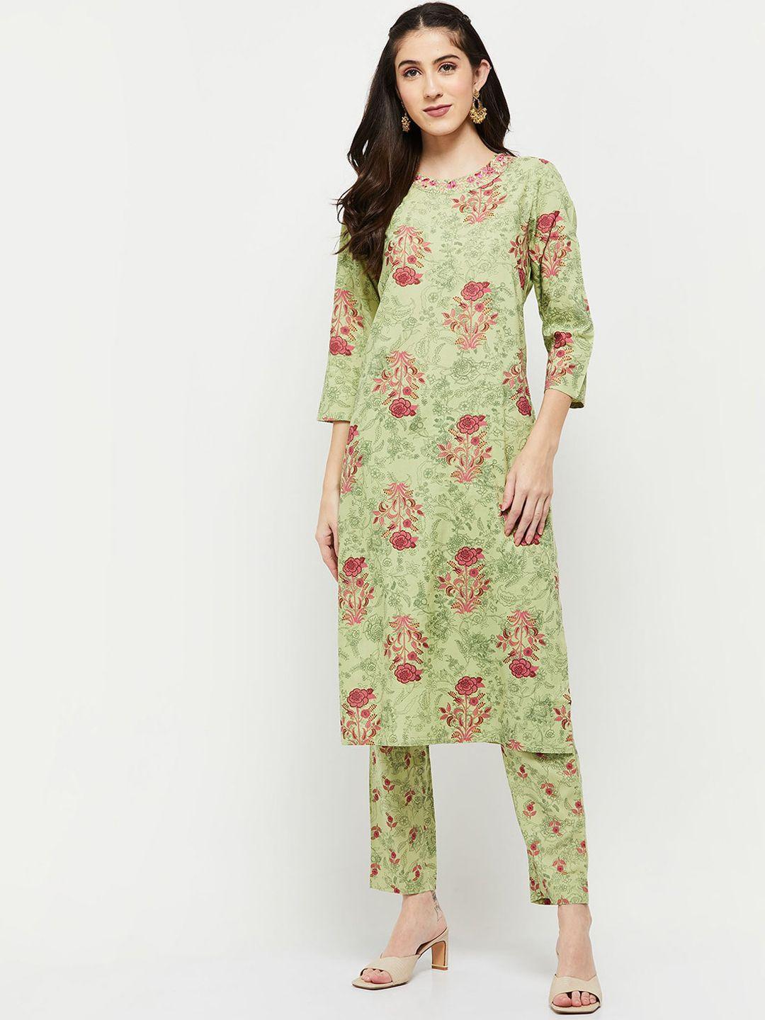 max women green & pink floral printed straight kurta with trousers