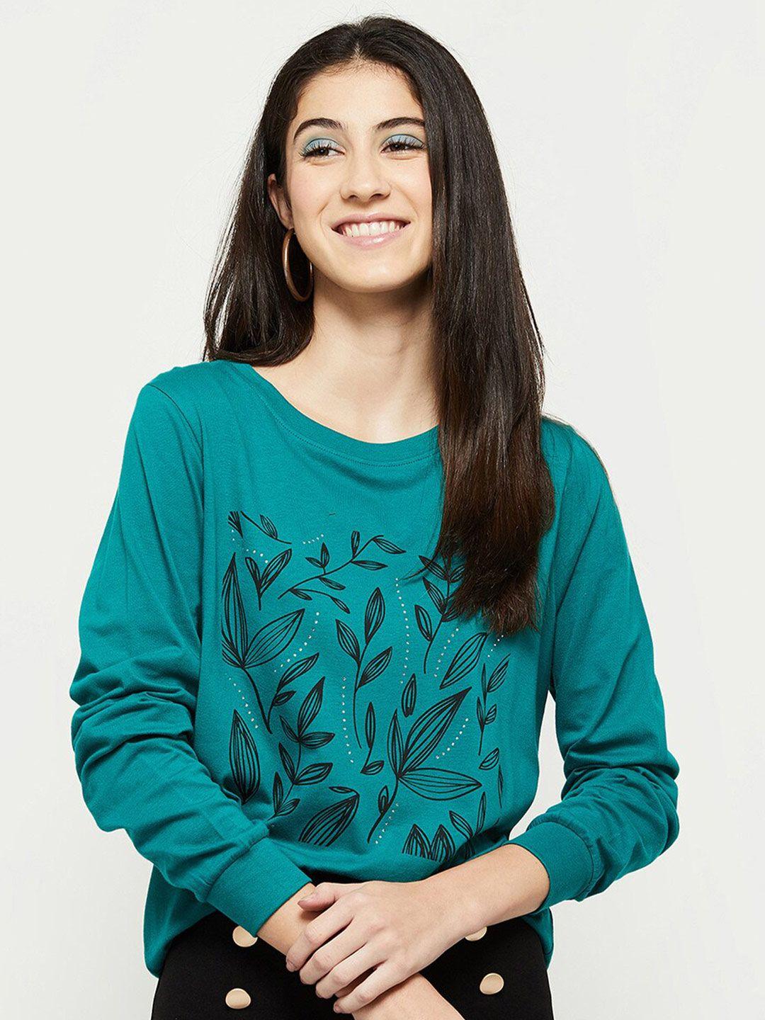 max women green tropical printed drop-shoulder sleeves pure cotton t-shirt