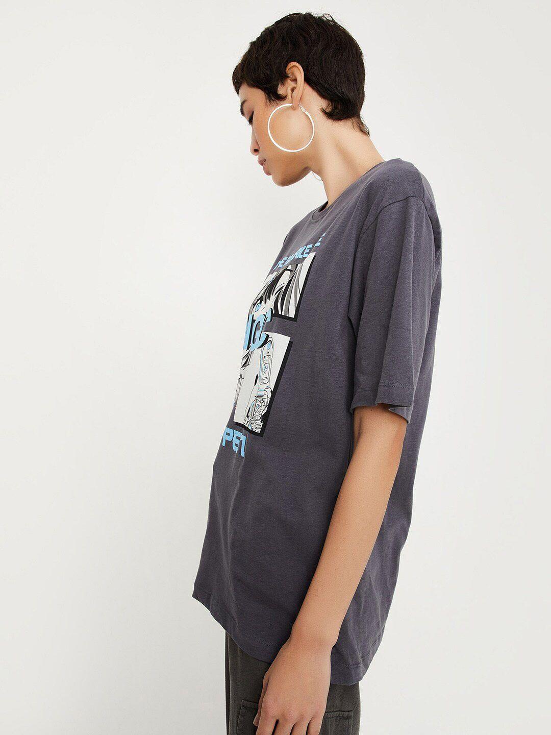 max women grey printed v-neck applique t-shirt