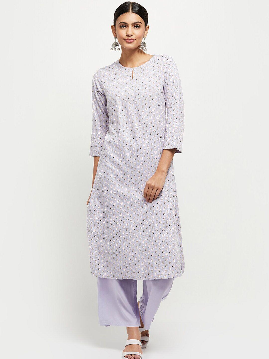 max women lavender floral printed pure cotton kurta with trousers