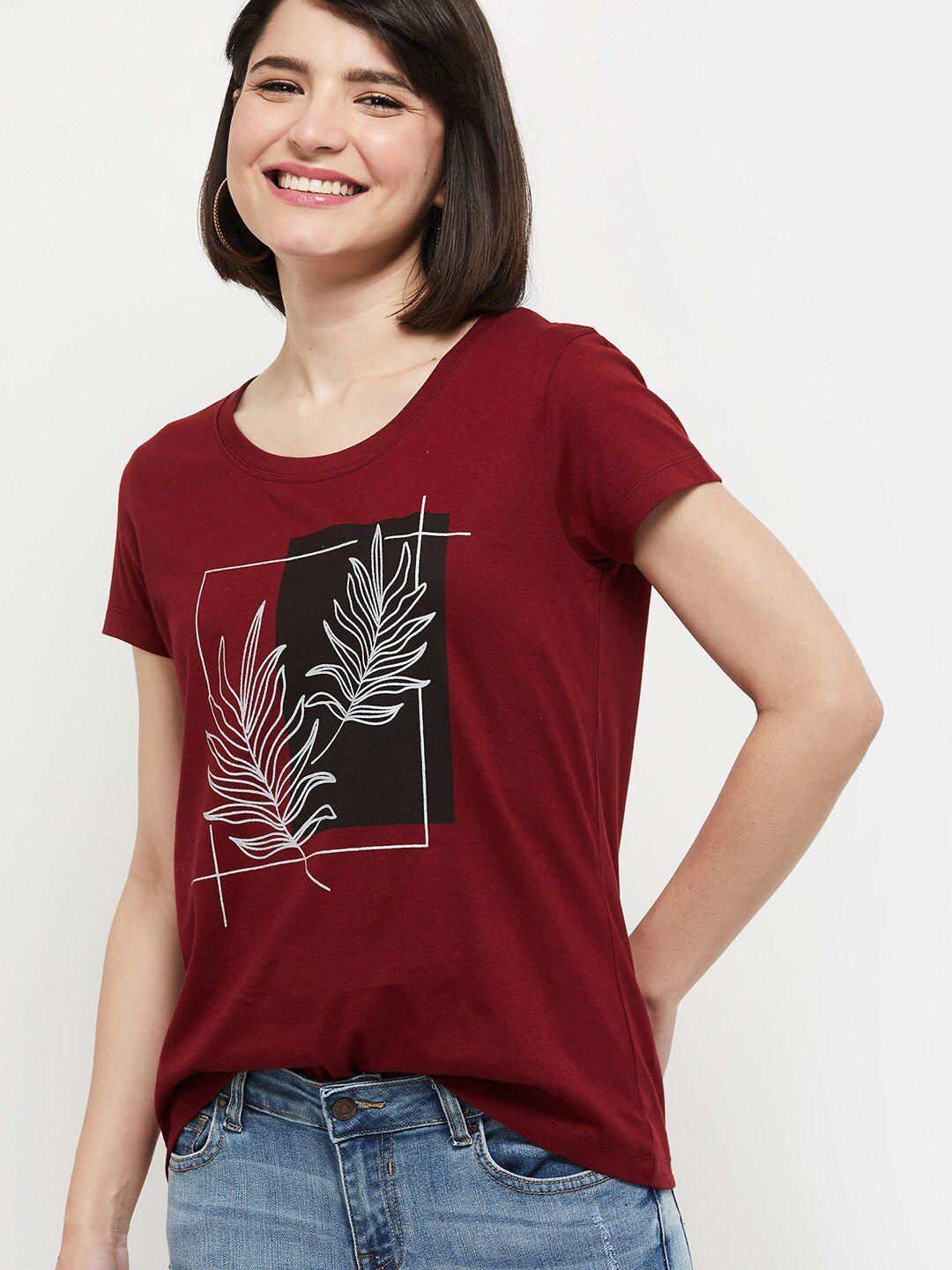 max women maroon regular fit cotton printed t-shirt