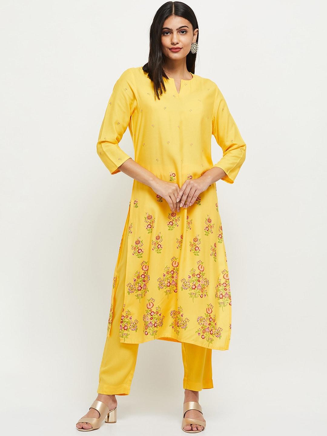 max women mustard yellow floral printed pure cotton kurta with trousers