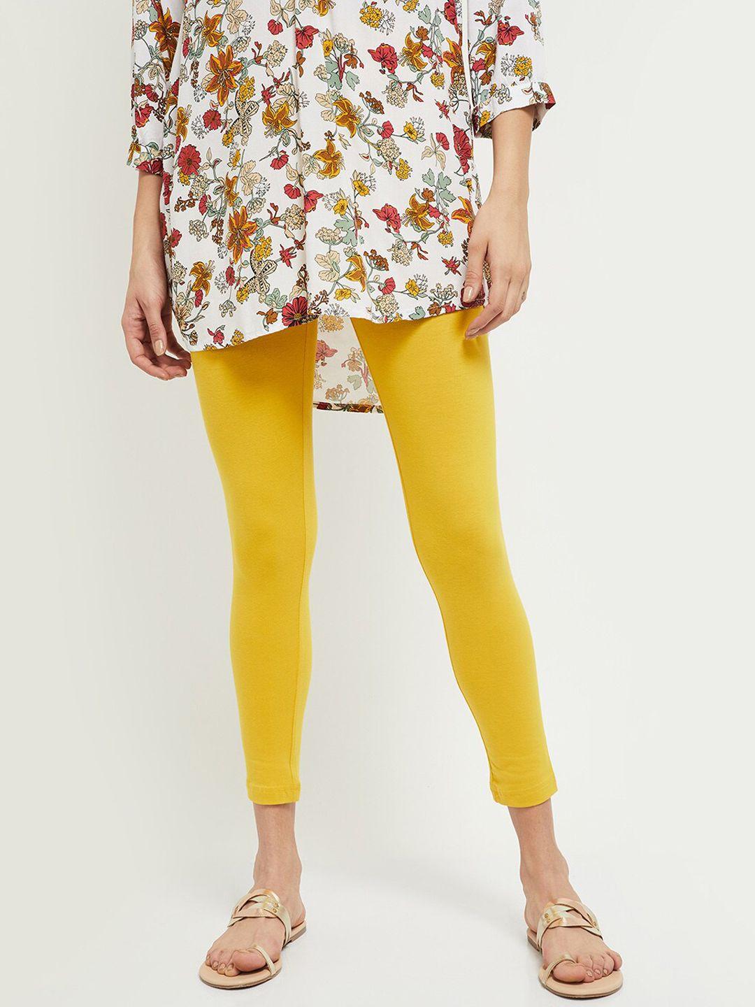 max women mustard yellow solid ankle-length leggings