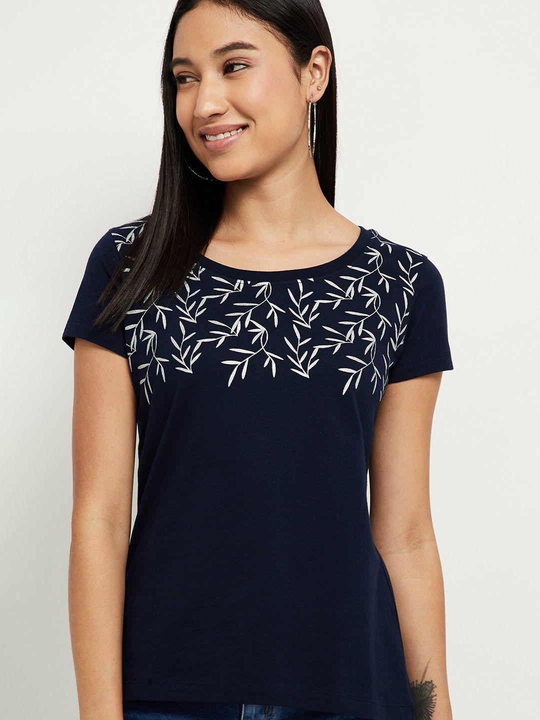 max women navy blue floral printed pure cotton t-shirt