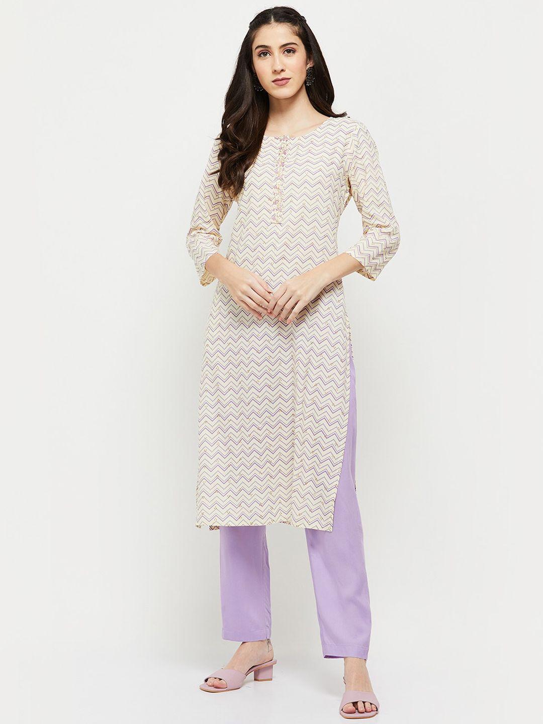 max women off white printed kurta with trousers