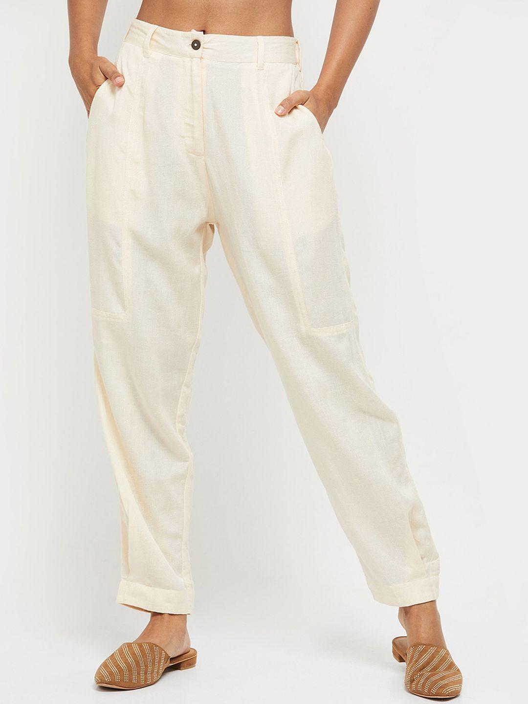 max women off white solid trousers