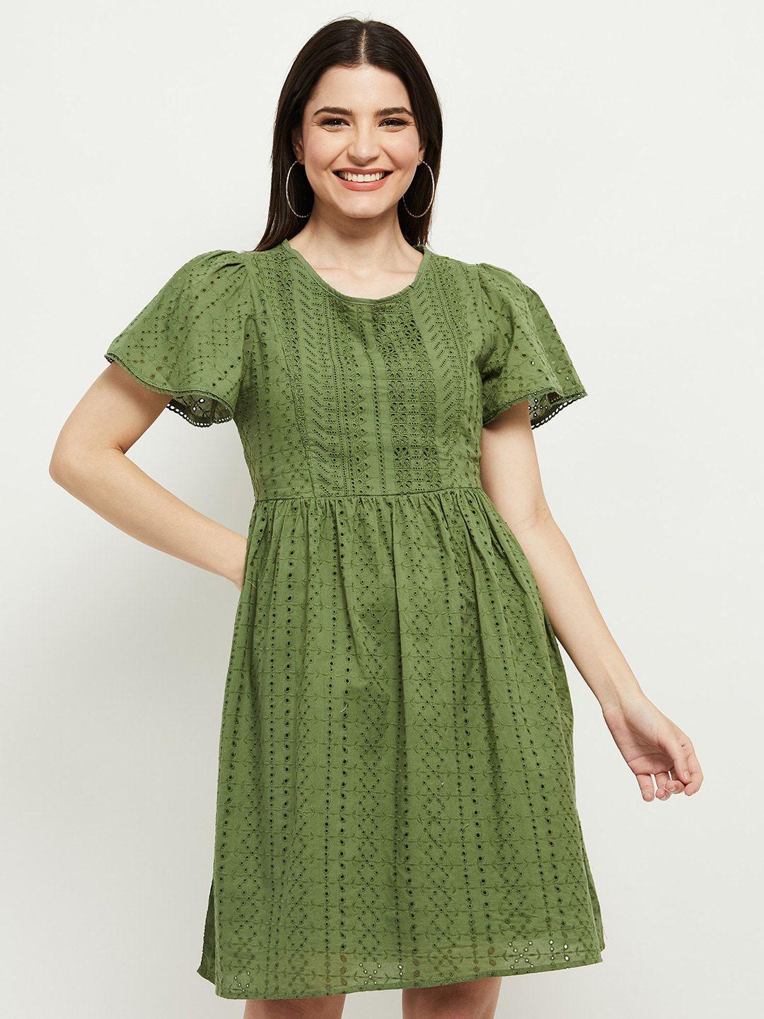 max women olive green self design dress