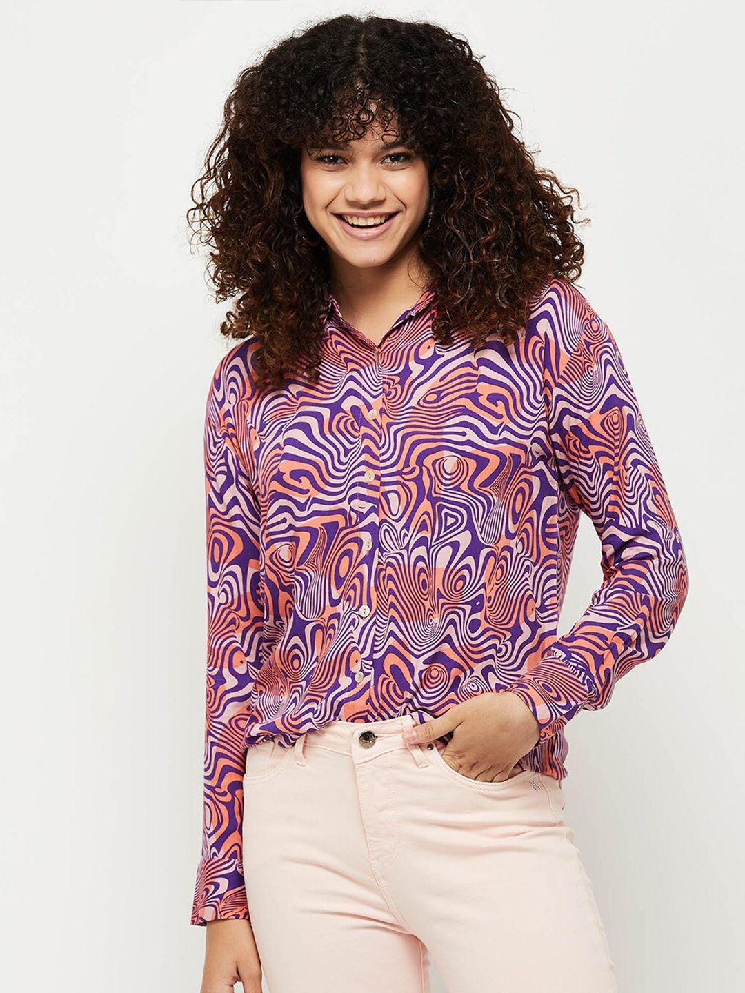 max women peach-coloured printed cotton casual shirt