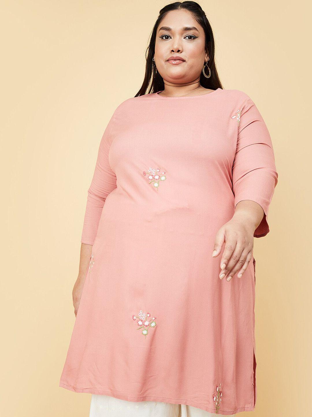 max women plus size pink floral embroidered kurta