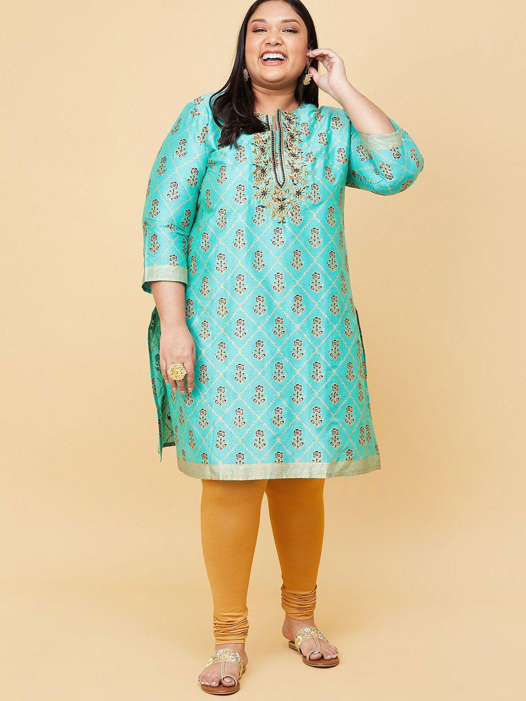 max women plus size teal ethnic motifs printed keyhole neck kurta