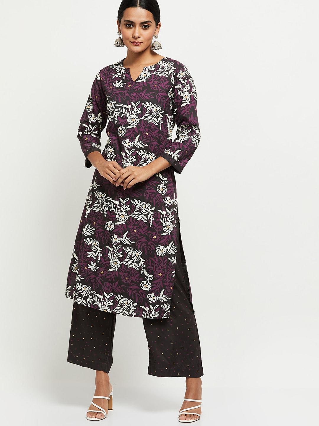 max women purple floral printed regular kurta with trousers
